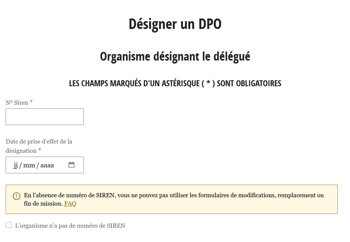 Formulaire CNIL, écran d'identification de l'organisme désignant le délégué à la protection des données